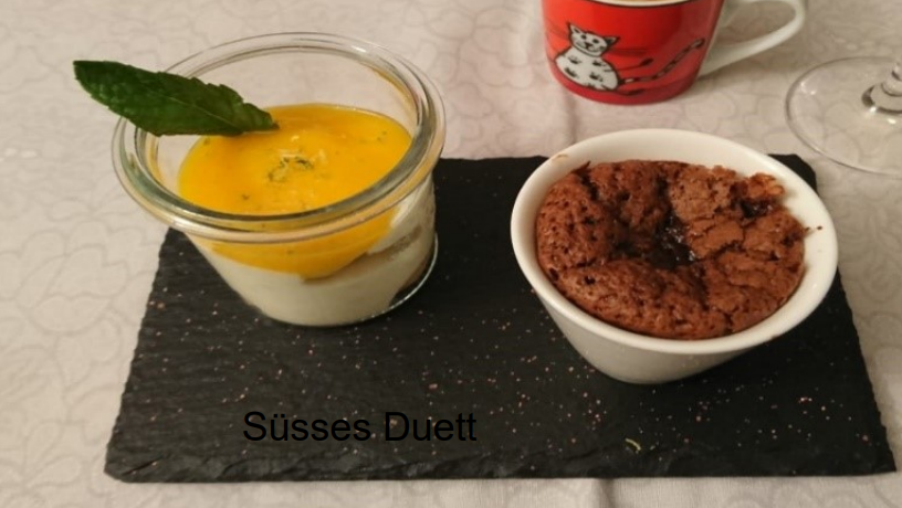 Süsses Duett: Schokoküchlein Caramelnougat-Seasalt und Mango-Limetten-Trifle